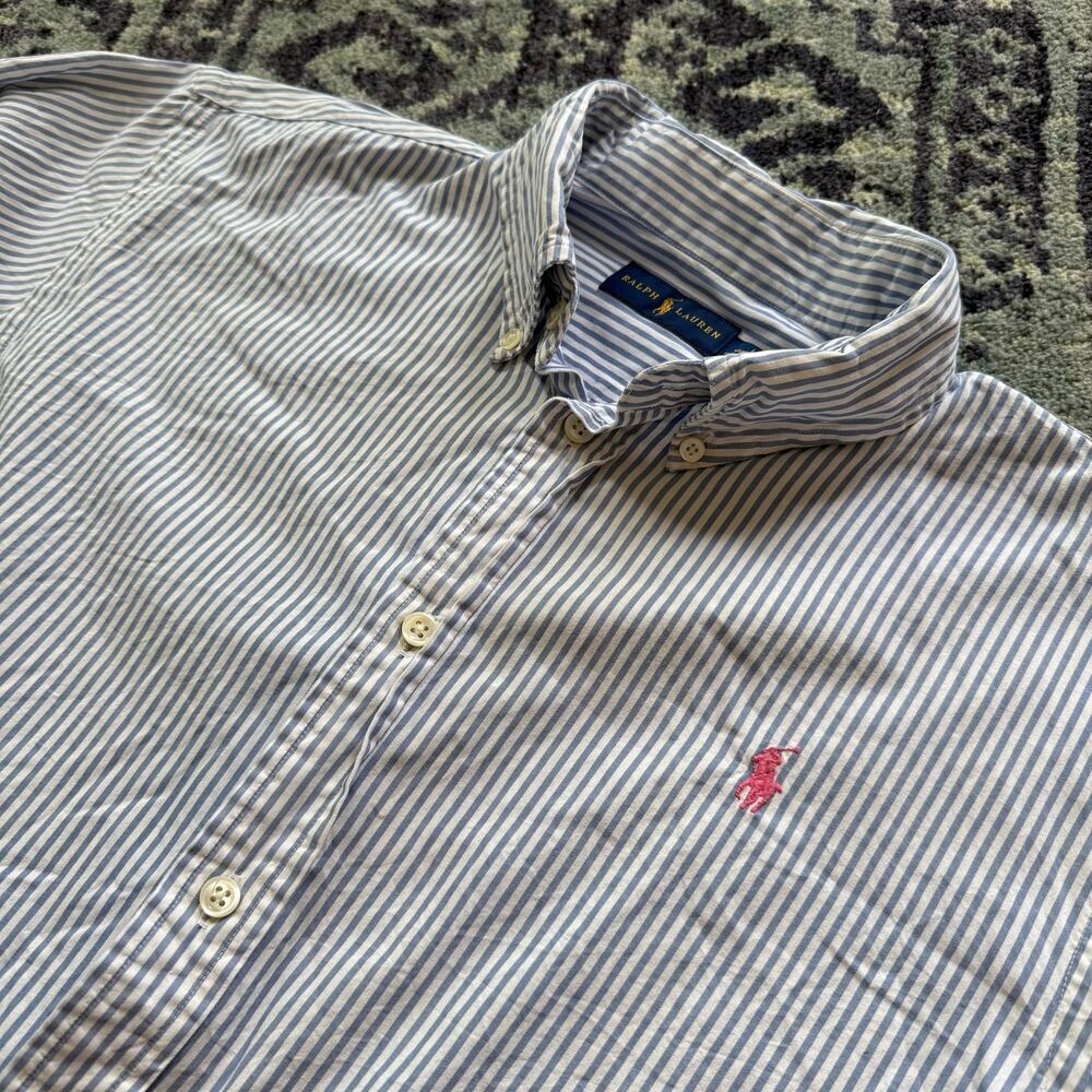Men’s Ralph Lauren Blue & White Striped Long Sleeve Pink Pony Graphic | Large